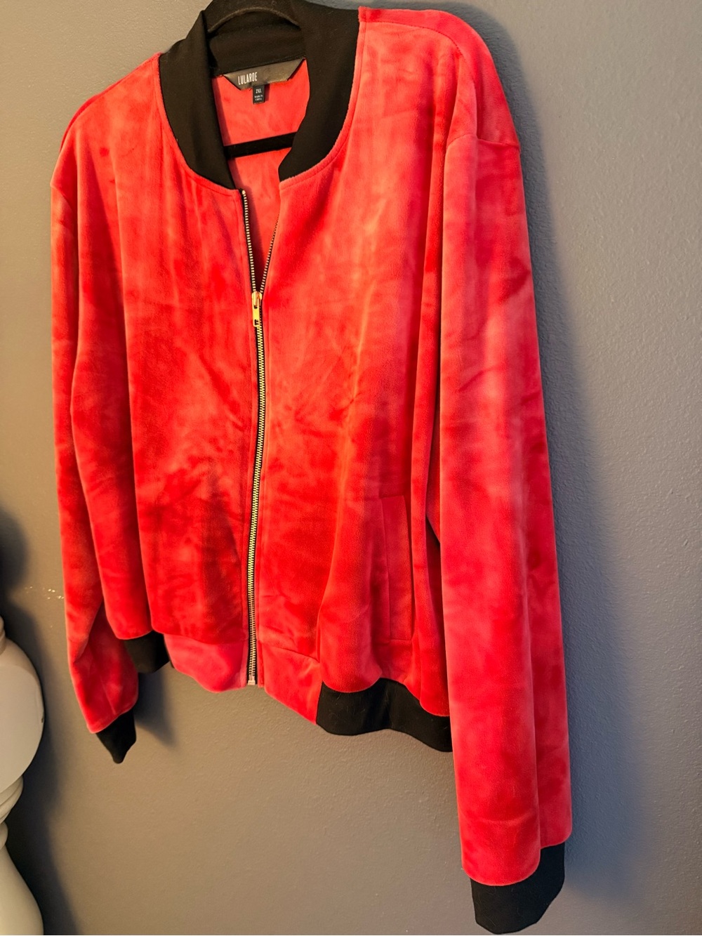 LuLaRoe Red Elegant Collection Velvet Bomber Jacket with Black Trim NWOT